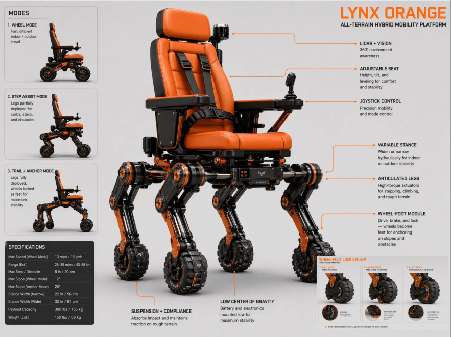 PathStrider Lynx Orange — All-Terrain Hybrid Mobility Platform